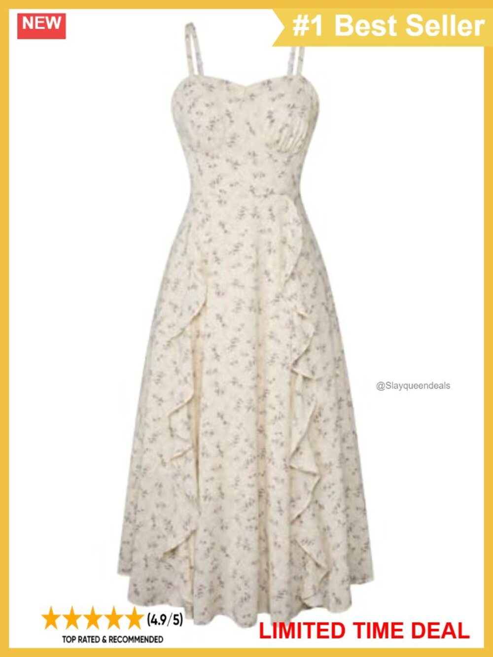 Boho Floral Midi Sun Dress Ruffle Sleeveless Empire Waist A-Line